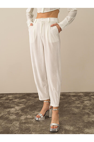 Xint Kadın Kbeyaz Yüksek Bel Oversize Parlak Dokulu Pantolon