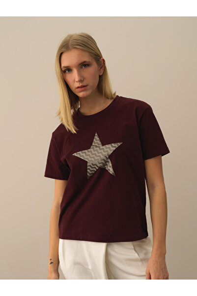 Xint Kadın Bordo Oversize Baskılı Tişört