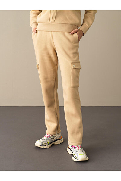 Xint Kadın Bej Pamuklu Oversize Cepli Sweat Pantolon