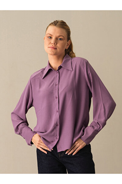 Xint Kadın Mor Pamuk Dokulu Vatkalı Oversize Gömlek