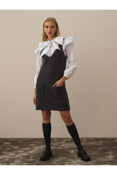 Xint Kadın Gri Oversize Triko Elbise