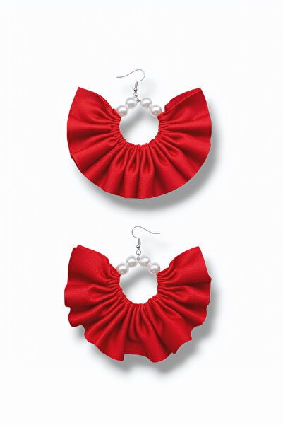 maia Women's Silver Color Hoop Dangle Earrings – Red Fabric Pearl Design