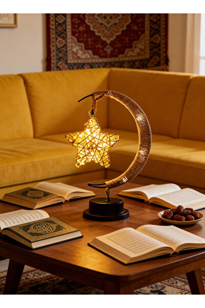 Pomefar أضواء زينة رمضانية، مصباح طاولة ليلي دافئ أبيض على شكل هلال ونجمة لرم...