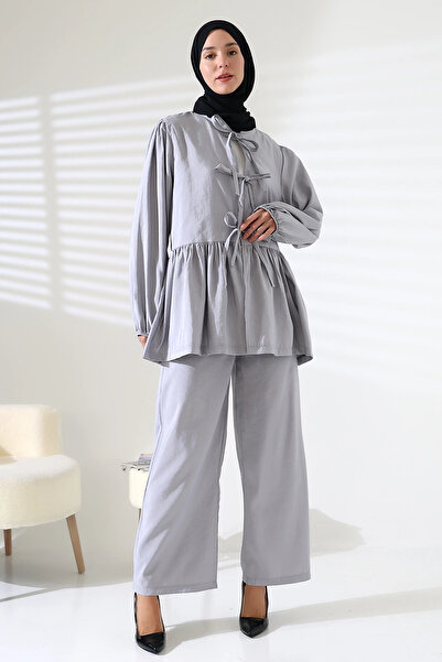 Mihran Butik Set de pantaloni de cămașă gri modal 100% bumbac pentru femei