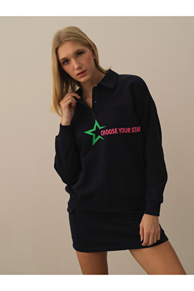 Xint Kadın Lacivert Oversize Baskılı Sweatshirt