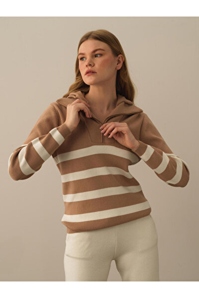 Xint Kadın Camel Oversize Kapüşonlu Kazak