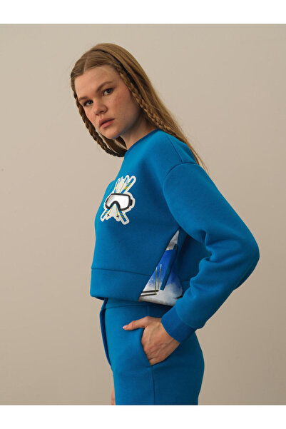 Xint Kadın Mavi Pamuk Dokulu Oversize Sweatshirt