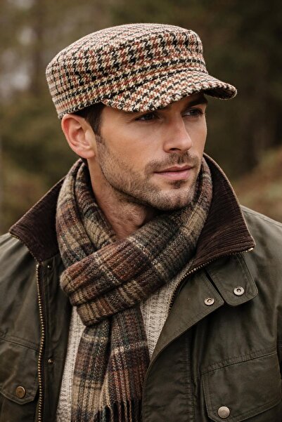 Külah Desenli Kaz Ayağı Kastro Şapka Kasket Outdoor Yünlü Castro Kep Kiremit