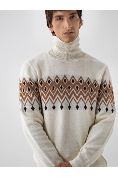 Xint Male Ekru Yünlü Desenli Kazak