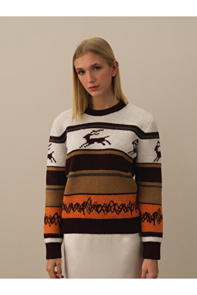 Xint Kadın Ekru Regular Fit Desenli Kazak