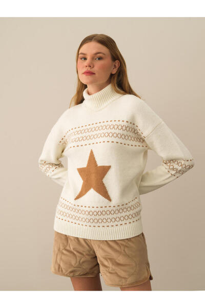 Xint Kadın Ekru Oversize Desenli Yünlü Kazak