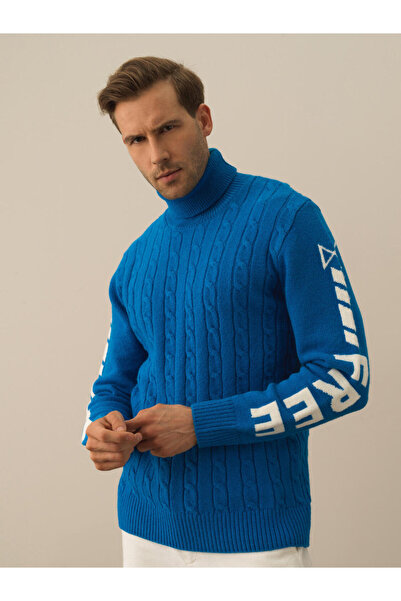 Xint Erkek Mavi Doğal Yün Dokulu Regular Fit Kazak