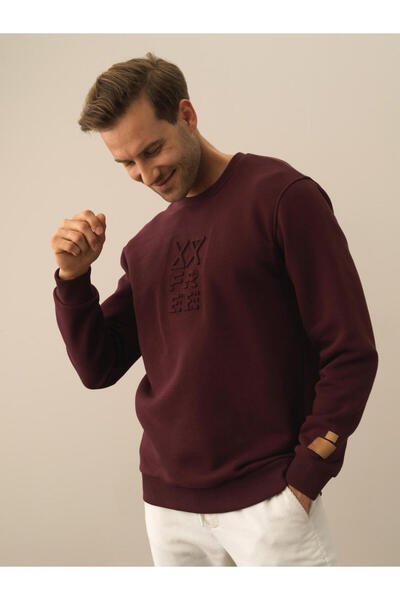 Xint Erkek Bordo Pamuklu Regular Fit Gofre Baskılı Sweatshirt
