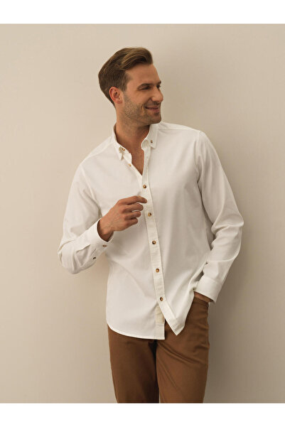 Xint Erkek Kırık Beyaz Pamuk Dokulu Regular Fit Gömlek