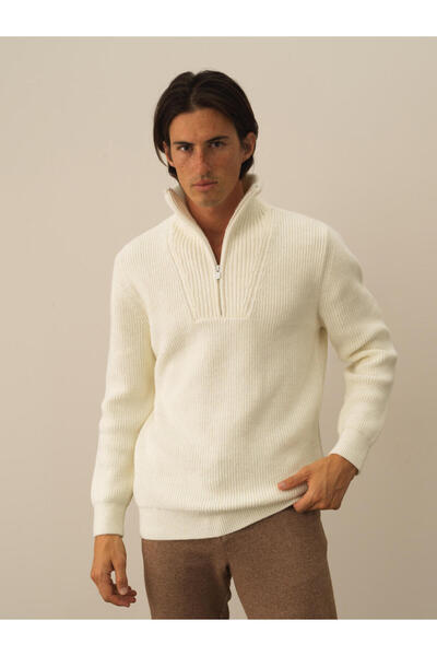 Xint Erkek Ekru Doğal Yün Dokulu Regular Fit Kazak