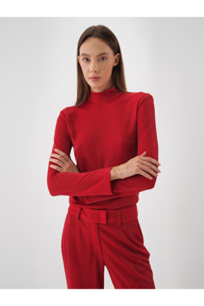 Xint Kadın Kırmızı Düz Simli Parlak Bluz