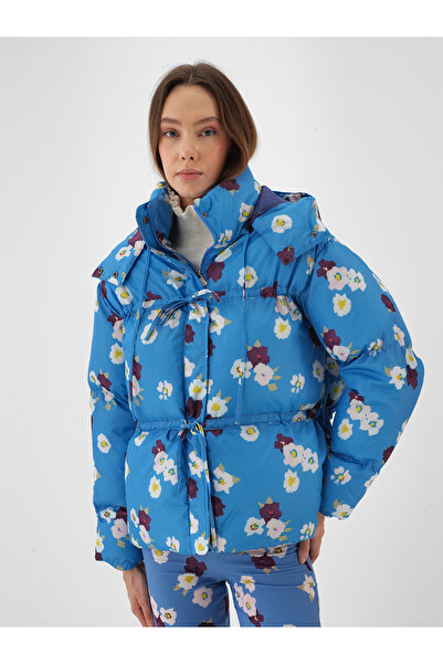 Xint Kadın Mavi Formunu Koruyan Oversize Desenli Şişme Mont