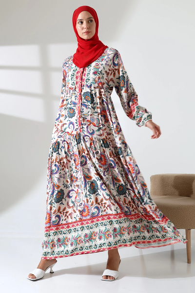 Mihran Butik Women's 100% Viscose Patterned Red Hijab Dress