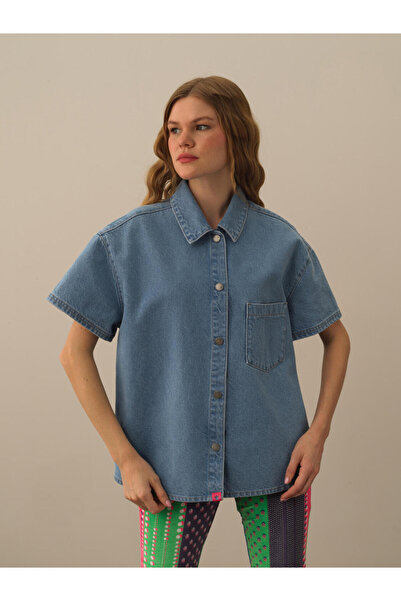 Xint Kadın Mavi Oversize Denim Gömlek
