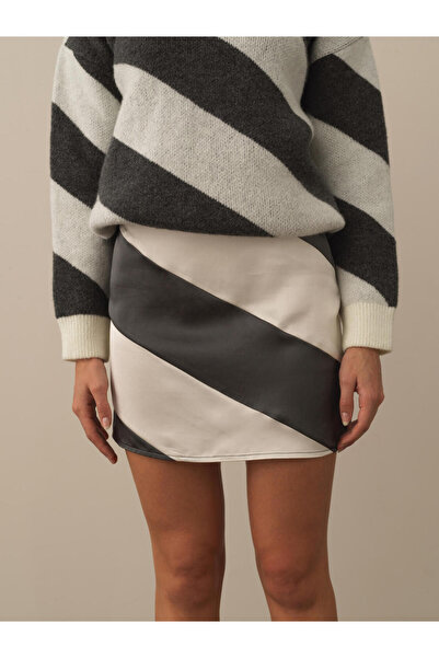 Xint Kadın Gri Regular Fit Saten Çizgili Etek