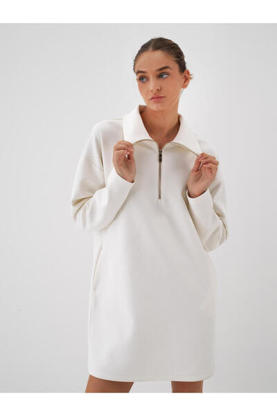 Xint Kadın Ekru Pamuk Dokulu Oversize Elbise