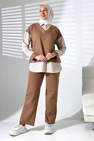 Mihran Butik بدلة حجاب رياضية بنية مريحة للسيدات موسمية من الأسفل والأعلى