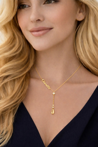 Soleildor Sallantılı Dorikalı Damla Taşlı İsim Gümüş Kolye