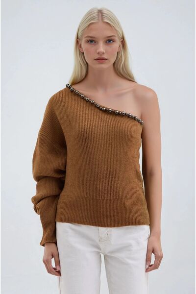 Lijuri Camel Pearl Detailed and Boat Neck Single Sleeve Knitwear Sweater 1390