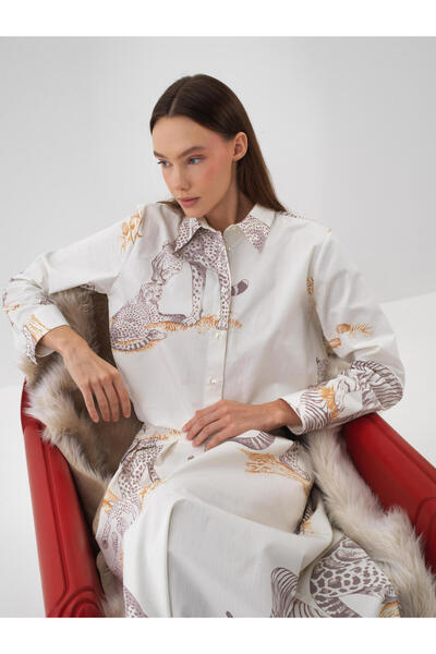 Xint Kadın Ekru %100 Pamuk Desenli Gömlek