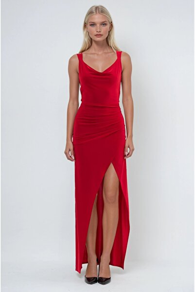 Lijuri Red Slit Detailed Degaje Collar Strap Dress 2935 R2-J-K3