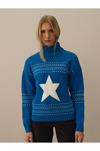 Xint Kadın Mavi Oversize Desenli Yünlü Kazak