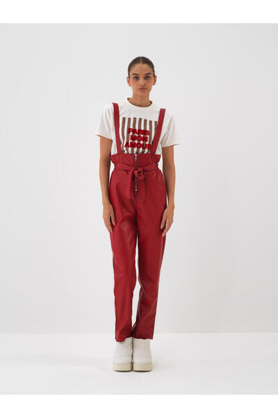 Xint Kadın Kırmızı Deri Görünümlü Regular Fit Salopet