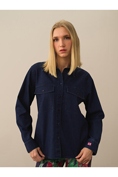 Xint Kadın Lacivert Pamuk Dokulu Oversize Gömlek