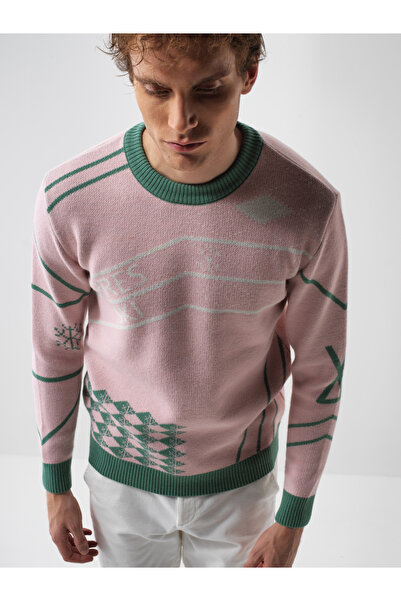 Xint Pembe Yünlü Desenli Kazak