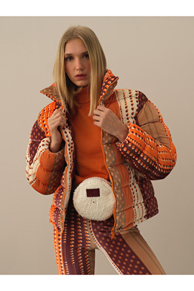 Xint Kadın Turuncu Oversize Pano Baskı Şişme Mont