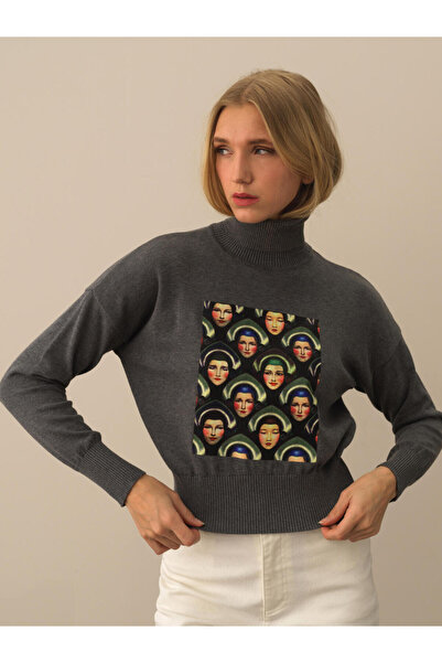 Xint Kadın Koyu Gri Pamuk Dokulu Oversize Kazak