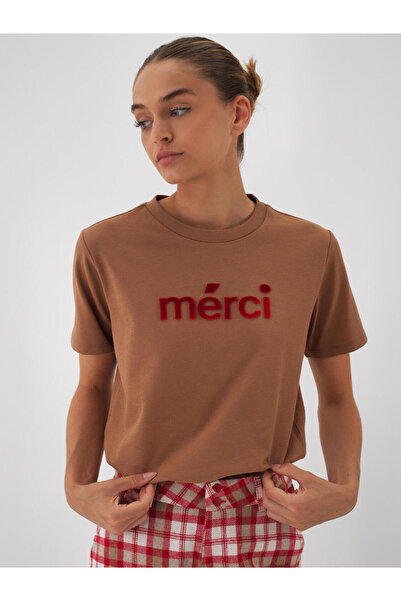 Xint Kadın Camel %100 Pamuk Baskılı Tişört