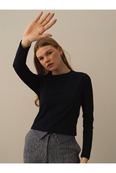 Xint Kadın Lacivert Modal Dokulu Regular Fit Uzun Kollu Tişört