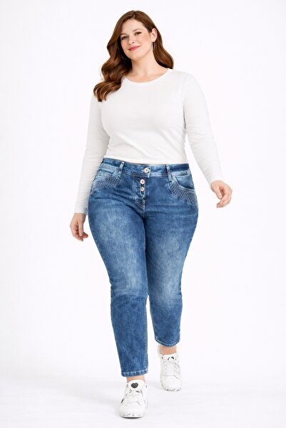 Şans Blugi de damă bleumarin marime broderie cu efect de spălare detaliat Blu...