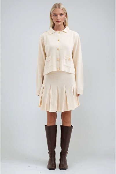 Lijuri Stone Cardigan Button Detailed Skirted Knitwear Set 10298