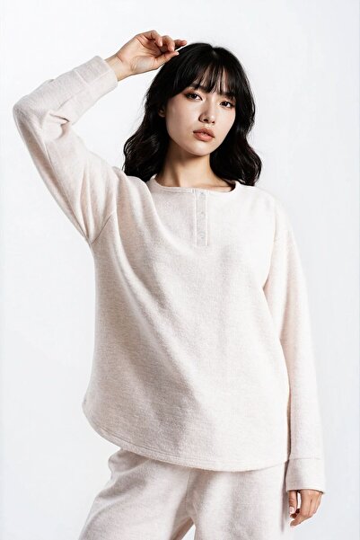 Ecrou Women's Stone Melange Waffle Buttoned Long Sleeve Trousers Pajama Set