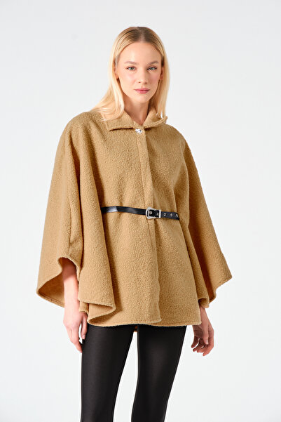 Moda Palmiss Poncho Boucle detaliat cu centură de nurcă pentru femei