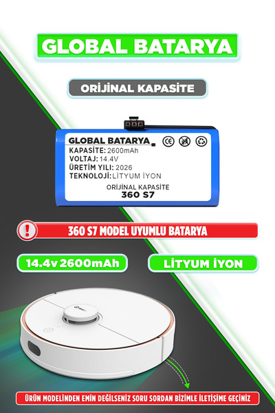GLOBAL BATARYA 360 S7 Uyumlu Akıllı Robot Süpürge Bataryası 14.4v 2600mah Pil...