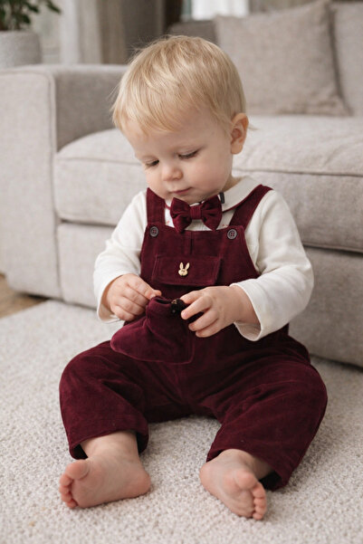 Noy Noy طقم ملابس للأطفال الذكور من القماش المخملي باللون العنابي الناعم الفا...