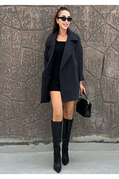 Moda Palmiss Kadın Antrasit Balıksırtı Desenli Astarlı Oversize Kaşe Kaban