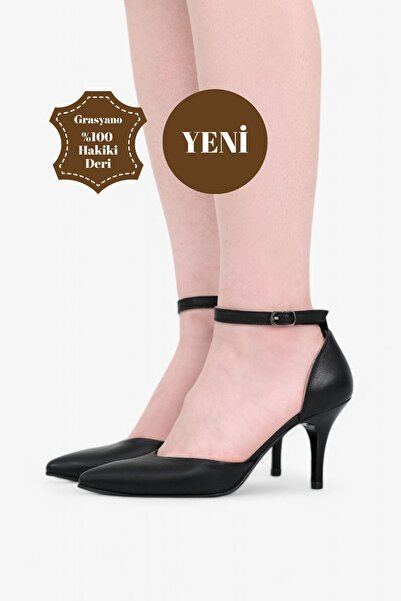 Grasyano Hakiki Deri Stiletto Sandalet Siyah Bilekten Bağlama Sivri Burun Yum...