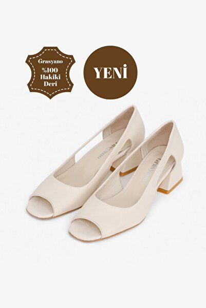 Grasyano صندل من الجلد الطبيعي بكعب قصير 4.5 سم من إكرو كريمي - صندل كلاسيكي ...