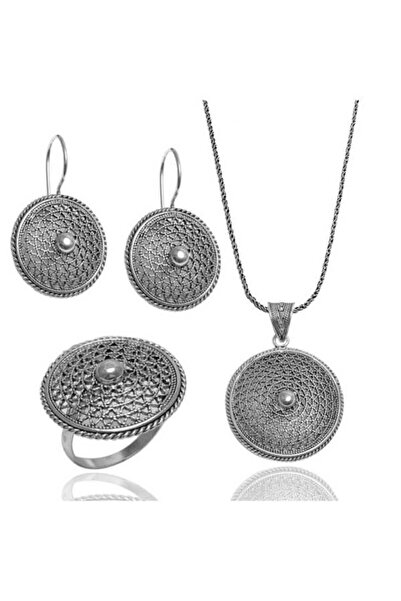 Midyat Gümüş Dünyası Oksitli Telkari Gümüş Bayan Üçlü Takım (Kod 2020726)
