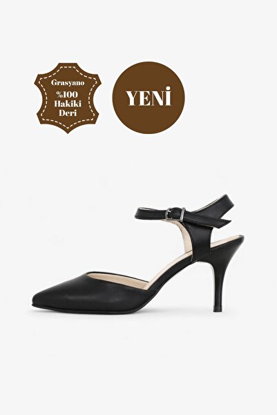 Grasyano Stiletto din piele naturală neagră - moale, cu curea la gleznă, sand...