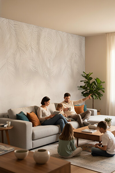 dreamwall Bej Tropik Yaprak Desenli Modern Tek Parça Duvar Kağıdı